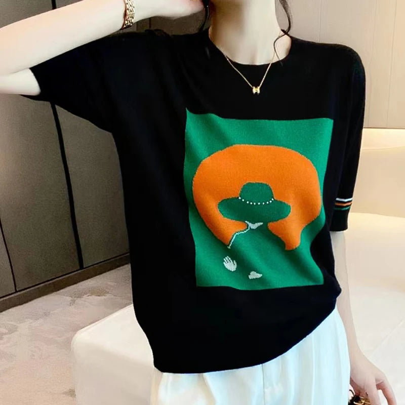Contrast Color Women Knitted Short Sleeve T Shirt O Neck Elastic T-Shirt Summer Womens Tops Casual Woman Clothes Tee Shirt Femme