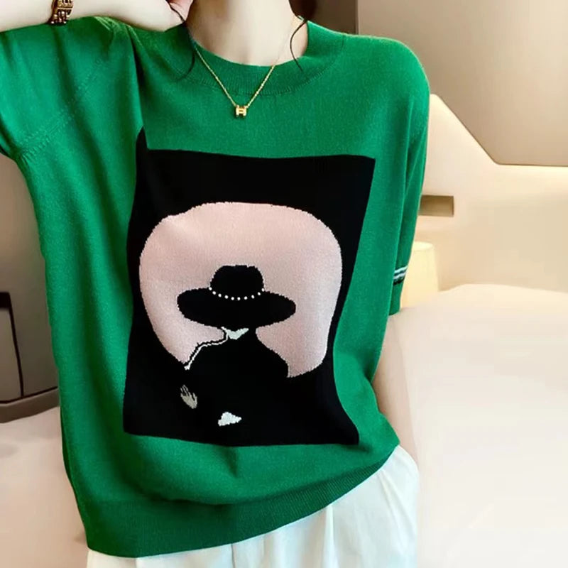 Contrast Color Women Knitted Short Sleeve T Shirt O Neck Elastic T-Shirt Summer Womens Tops Casual Woman Clothes Tee Shirt Femme