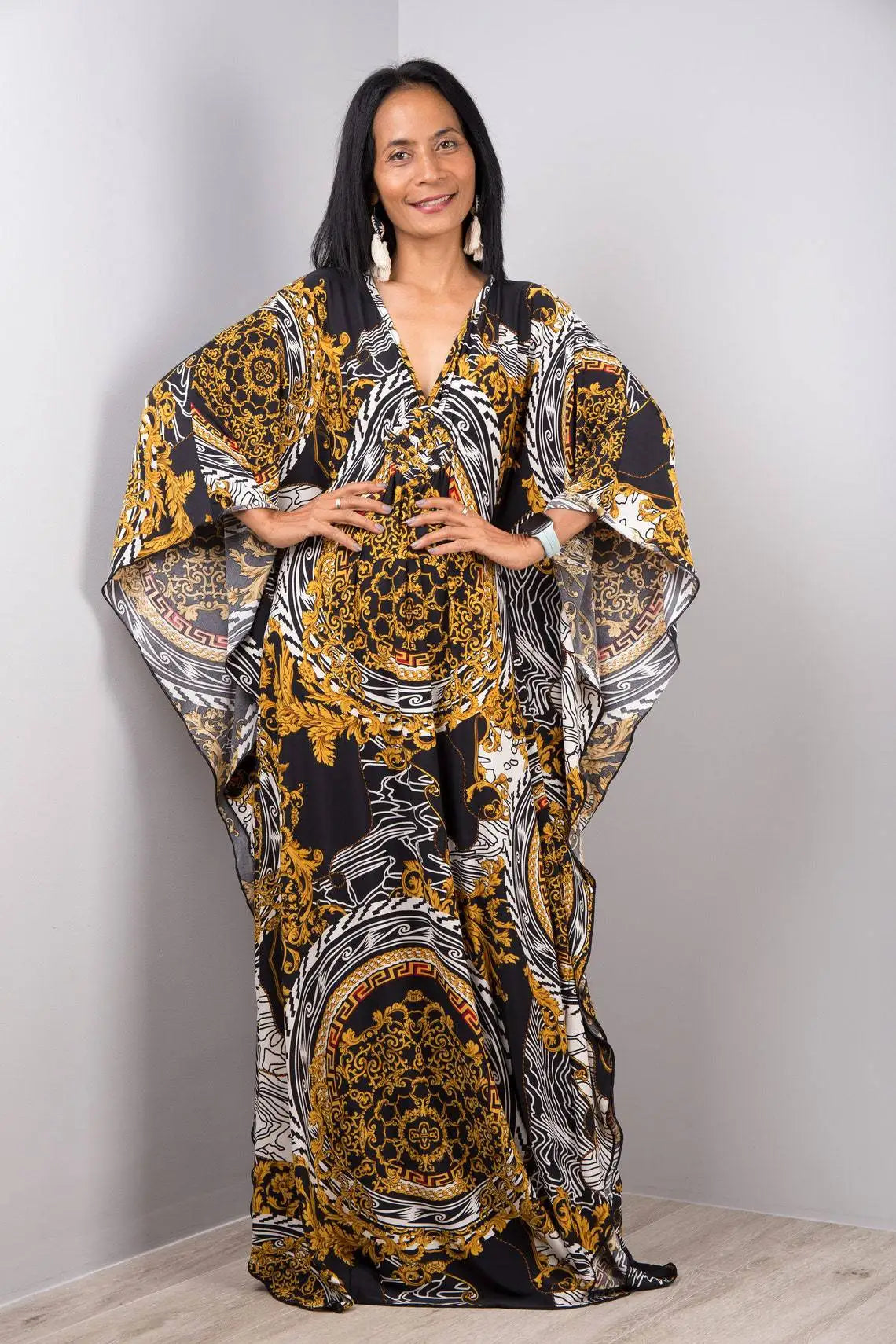 2023 Print Maxi Dress Batwing Sleeve Tunic Spring/Autumn Beach Dress Tunic Casual plus Size Women Beachwear Kaftan Sarongs