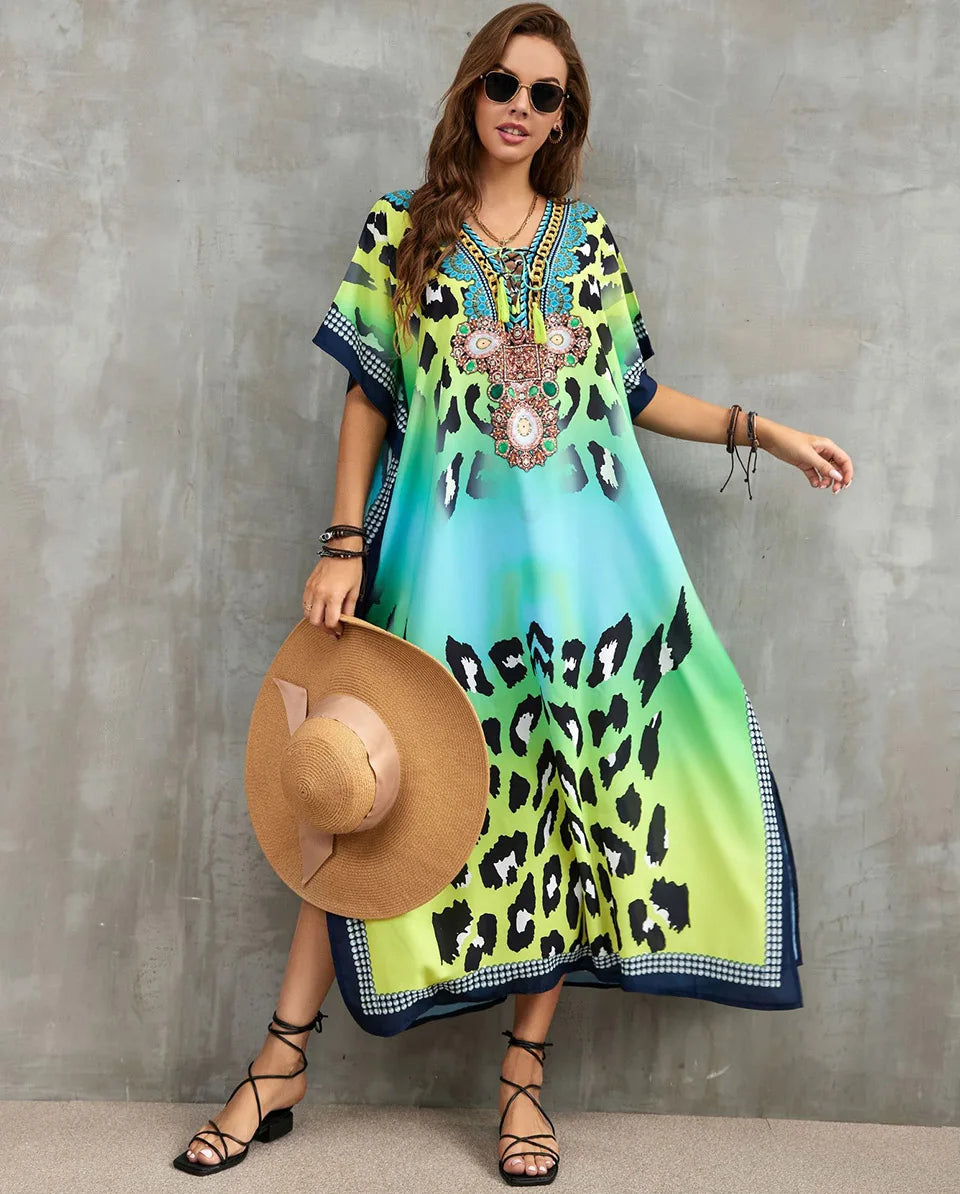 2023 Priint Maxi Dress Beach Cover up Kaftan Robe Plage Pareos V Neck Long Dresses Summer Women Bathing Suit Cover up Beachwear