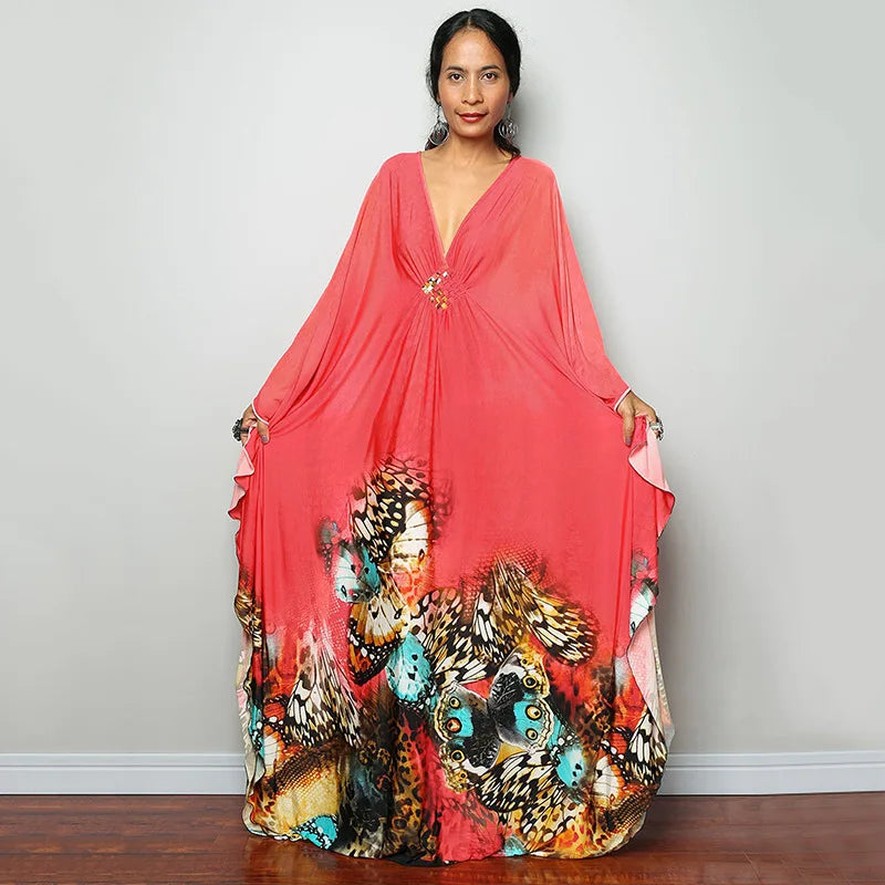 2023 Print Maxi Dress Batwing Sleeve Tunic Spring/Autumn Beach Dress Tunic Casual plus Size Women Beachwear Kaftan Sarongs