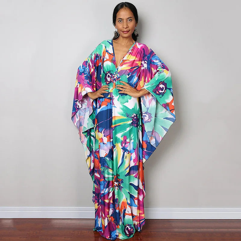 2023 Print Maxi Dress Batwing Sleeve Tunic Spring/Autumn Beach Dress Tunic Casual plus Size Women Beachwear Kaftan Sarongs