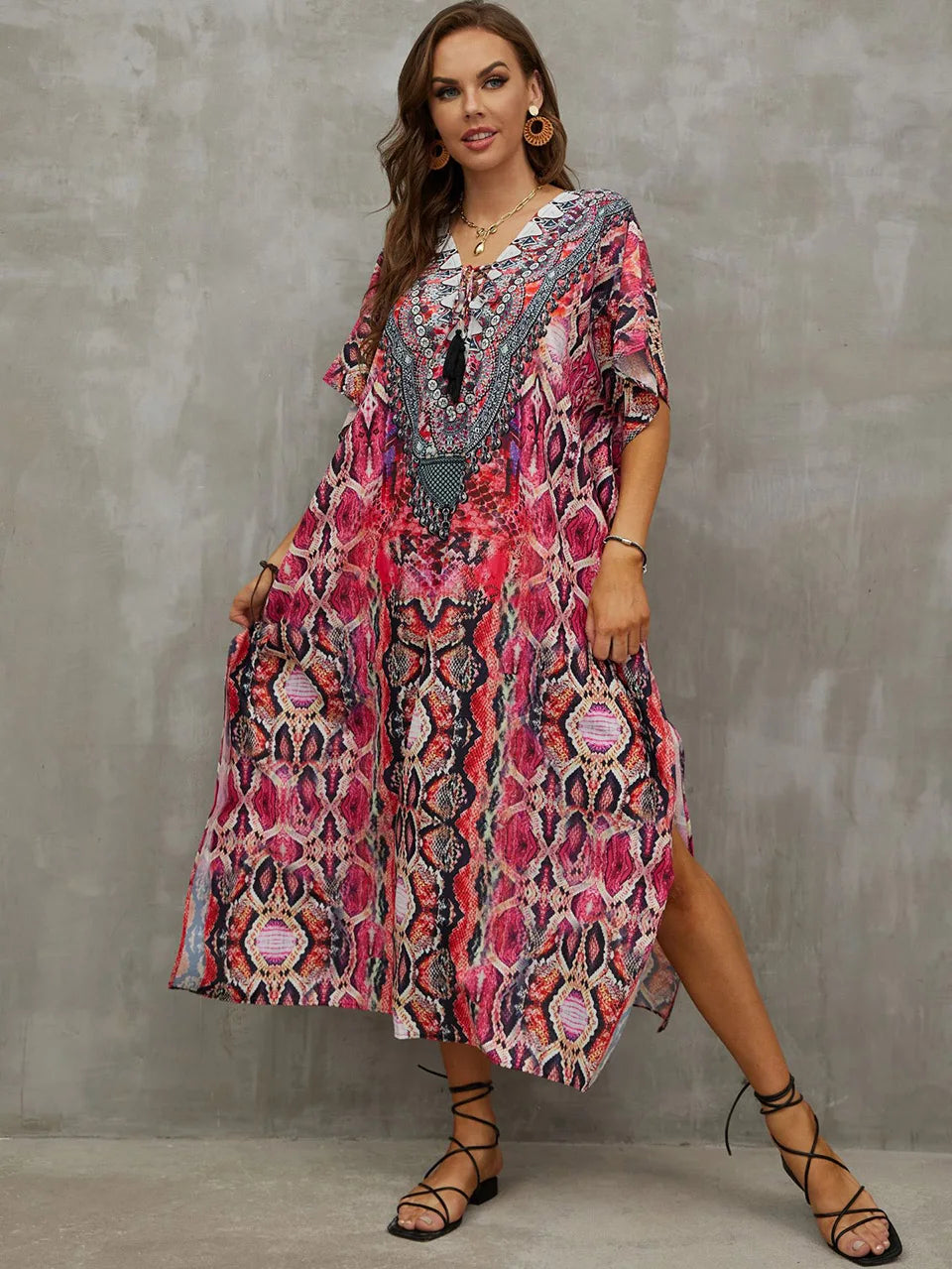2023 Priint Maxi Dress Beach Cover up Kaftan Robe Plage Pareos V Neck Long Dresses Summer Women Bathing Suit Cover up Beachwear