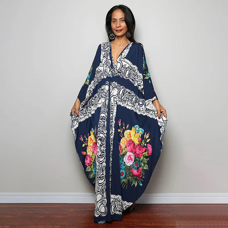 2023 Print Maxi Dress Batwing Sleeve Tunic Spring/Autumn Beach Dress Tunic Casual plus Size Women Beachwear Kaftan Sarongs