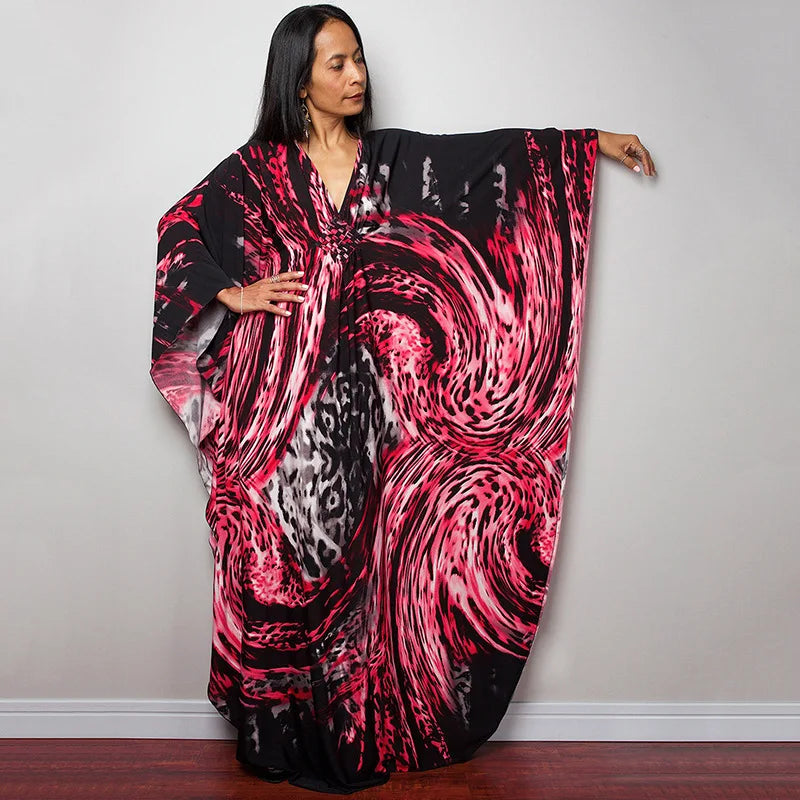 2023 Print Maxi Dress Batwing Sleeve Tunic Spring/Autumn Beach Dress Tunic Casual plus Size Women Beachwear Kaftan Sarongs