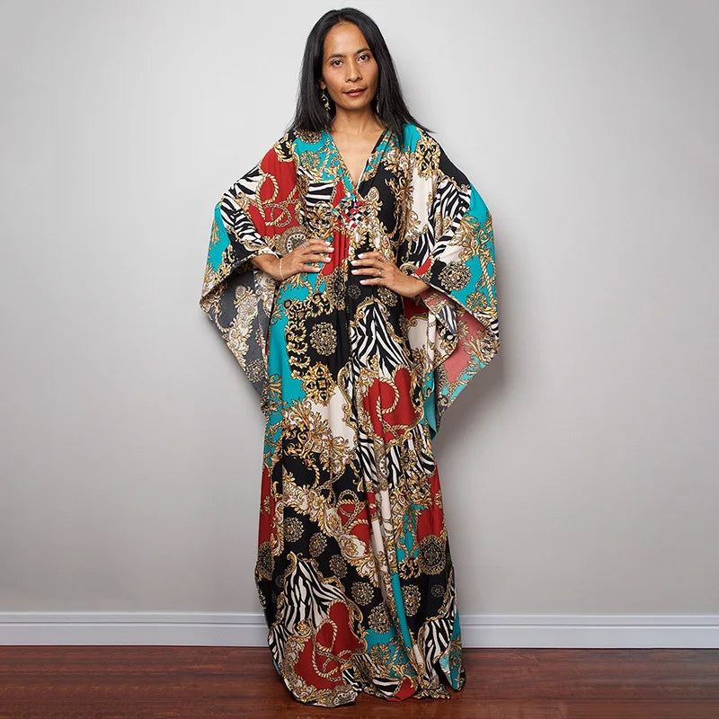 2023 Print Maxi Dress Batwing Sleeve Tunic Spring/Autumn Beach Dress Tunic Casual plus Size Women Beachwear Kaftan Sarongs