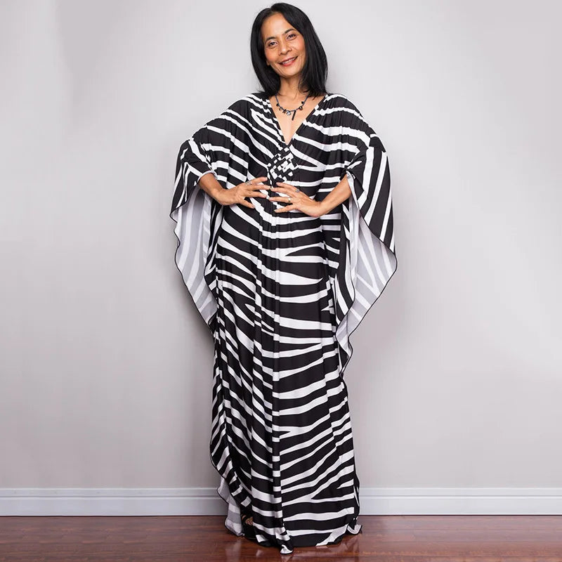 2023 Print Maxi Dress Batwing Sleeve Tunic Spring/Autumn Beach Dress Tunic Casual plus Size Women Beachwear Kaftan Sarongs