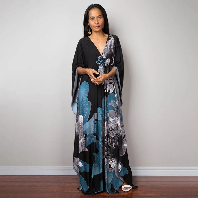 2023 Print Maxi Dress Batwing Sleeve Tunic Spring/Autumn Beach Dress Tunic Casual plus Size Women Beachwear Kaftan Sarongs