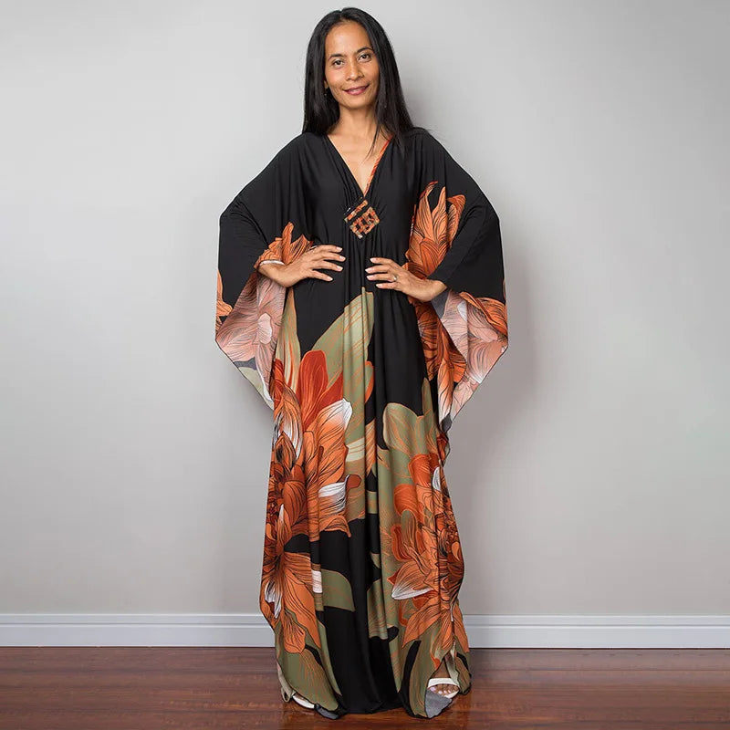 2023 Print Maxi Dress Batwing Sleeve Tunic Spring/Autumn Beach Dress Tunic Casual plus Size Women Beachwear Kaftan Sarongs