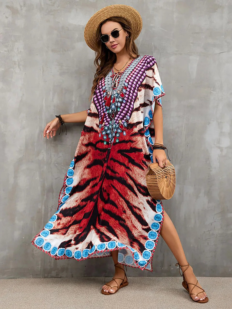 2023 Priint Maxi Dress Beach Cover up Kaftan Robe Plage Pareos V Neck Long Dresses Summer Women Bathing Suit Cover up Beachwear