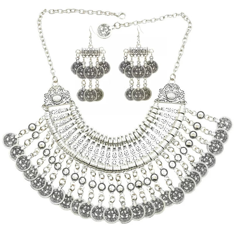 Vintage Silvery Beach Coins Choker Necklace Drop Earrings Set for Women Gypsy Tribal Afghan Pakistan Ethnic Dress Indian Jewelry
