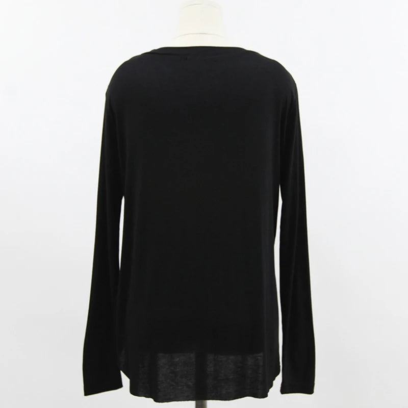 White V Neck Split T Shirt Women Autumn Korean Style Solid Woman Clothes Basic T-Shirts Long Sleeve Tops Loose Tee Shirt Female