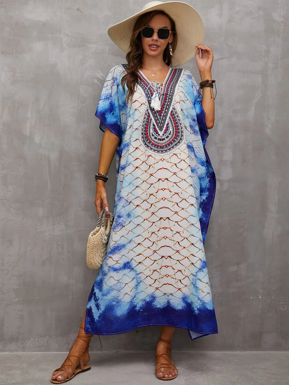 2023 Priint Maxi Dress Beach Cover up Kaftan Robe Plage Pareos V Neck Long Dresses Summer Women Bathing Suit Cover up Beachwear