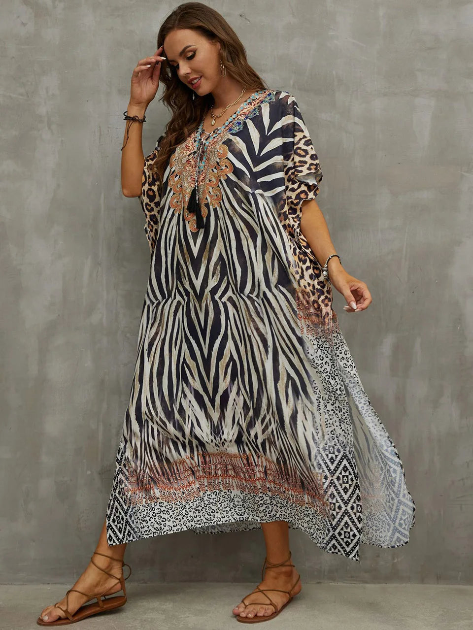 2023 Priint Maxi Dress Beach Cover up Kaftan Robe Plage Pareos V Neck Long Dresses Summer Women Bathing Suit Cover up Beachwear