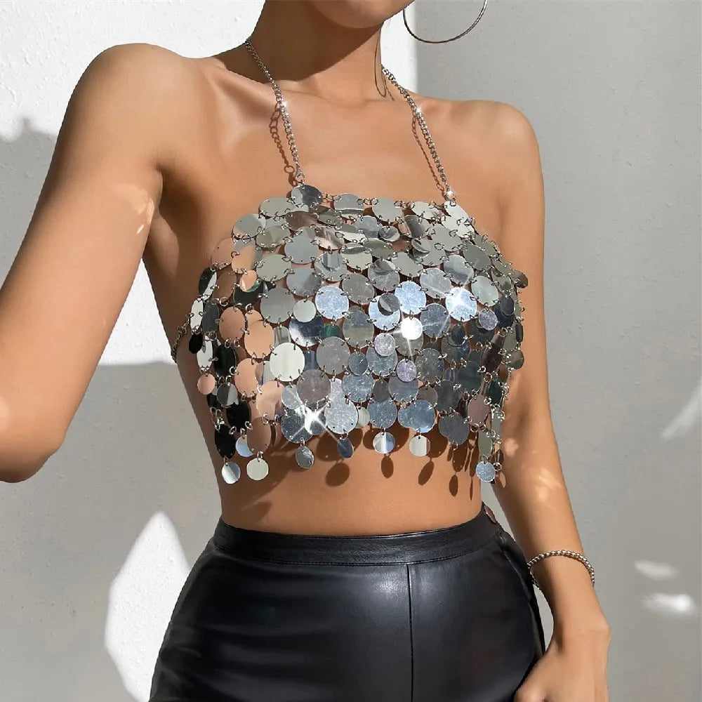 Cosysail Sexy Double-Layer Sequin V-Neck Cheat Crop Tops Vest for Female 2023 Trendy Sleeveless Tank Tops Party Club Tube Shirts