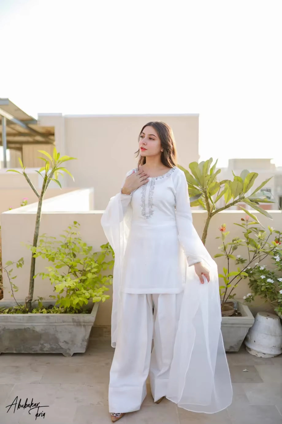Solid White Hand Embellished Kurta with Farshiwali Shalwar and Dupatta Traditional Indian & Pakistani Clothing