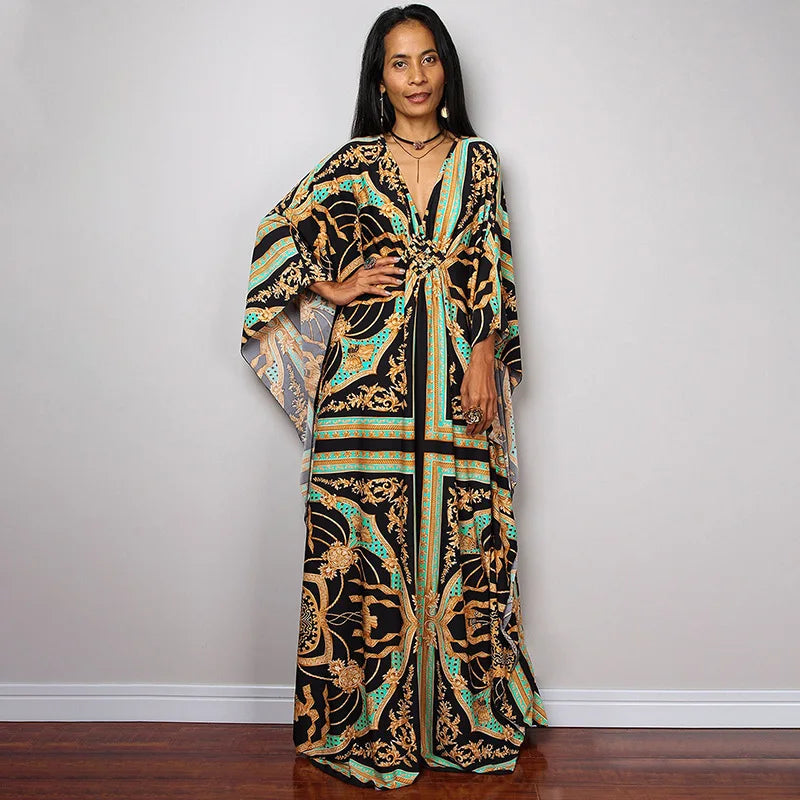 2023 Print Maxi Dress Batwing Sleeve Tunic Spring/Autumn Beach Dress Tunic Casual plus Size Women Beachwear Kaftan Sarongs