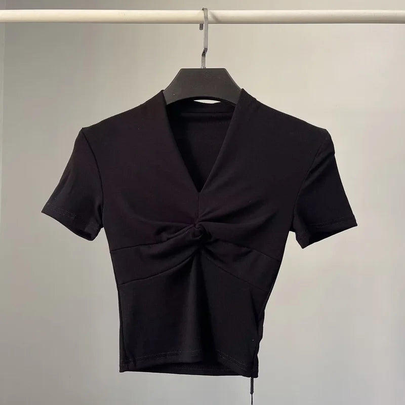 [] Cotton Summer Folds V Neck White Black Gray Short Sleeve Crop Top Basic Slim Bodycon Baby Tee Tshirt Women Y2K Girl