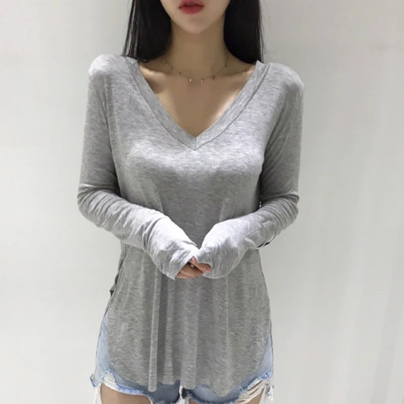 White V Neck Split T Shirt Women Autumn Korean Style Solid Woman Clothes Basic T-Shirts Long Sleeve Tops Loose Tee Shirt Female