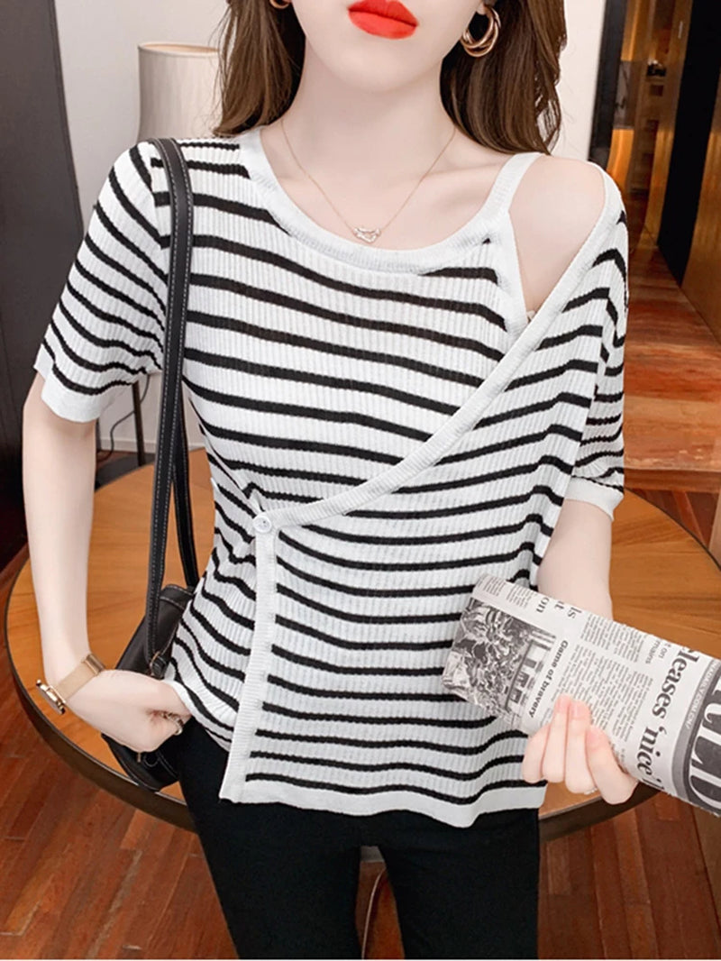 New Irregular Striped T Shirt Women Fashion Womens Clothes Button up Top 2022 Summer New Ladies Knit Tops Short Sleeve Tees