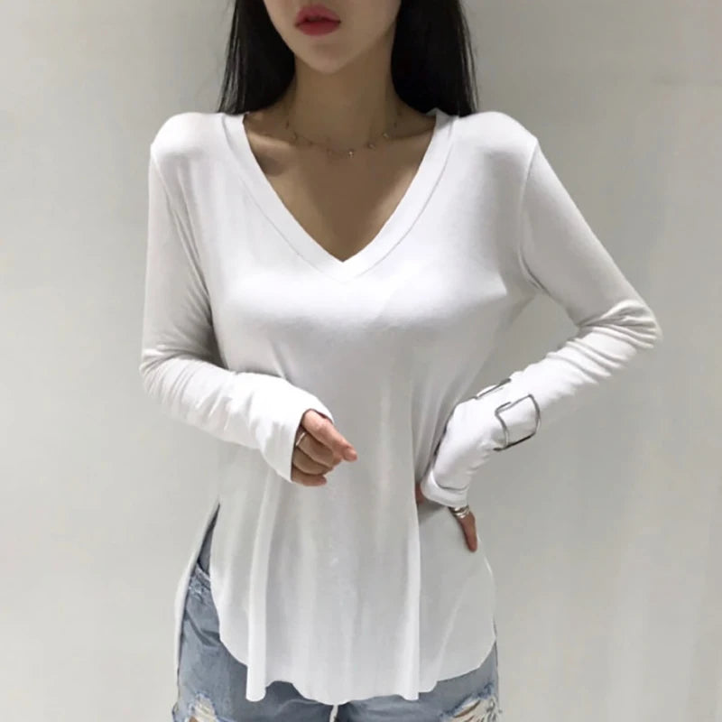 White V Neck Split T Shirt Women Autumn Korean Style Solid Woman Clothes Basic T-Shirts Long Sleeve Tops Loose Tee Shirt Female