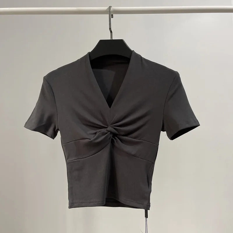 [] Cotton Summer Folds V Neck White Black Gray Short Sleeve Crop Top Basic Slim Bodycon Baby Tee Tshirt Women Y2K Girl