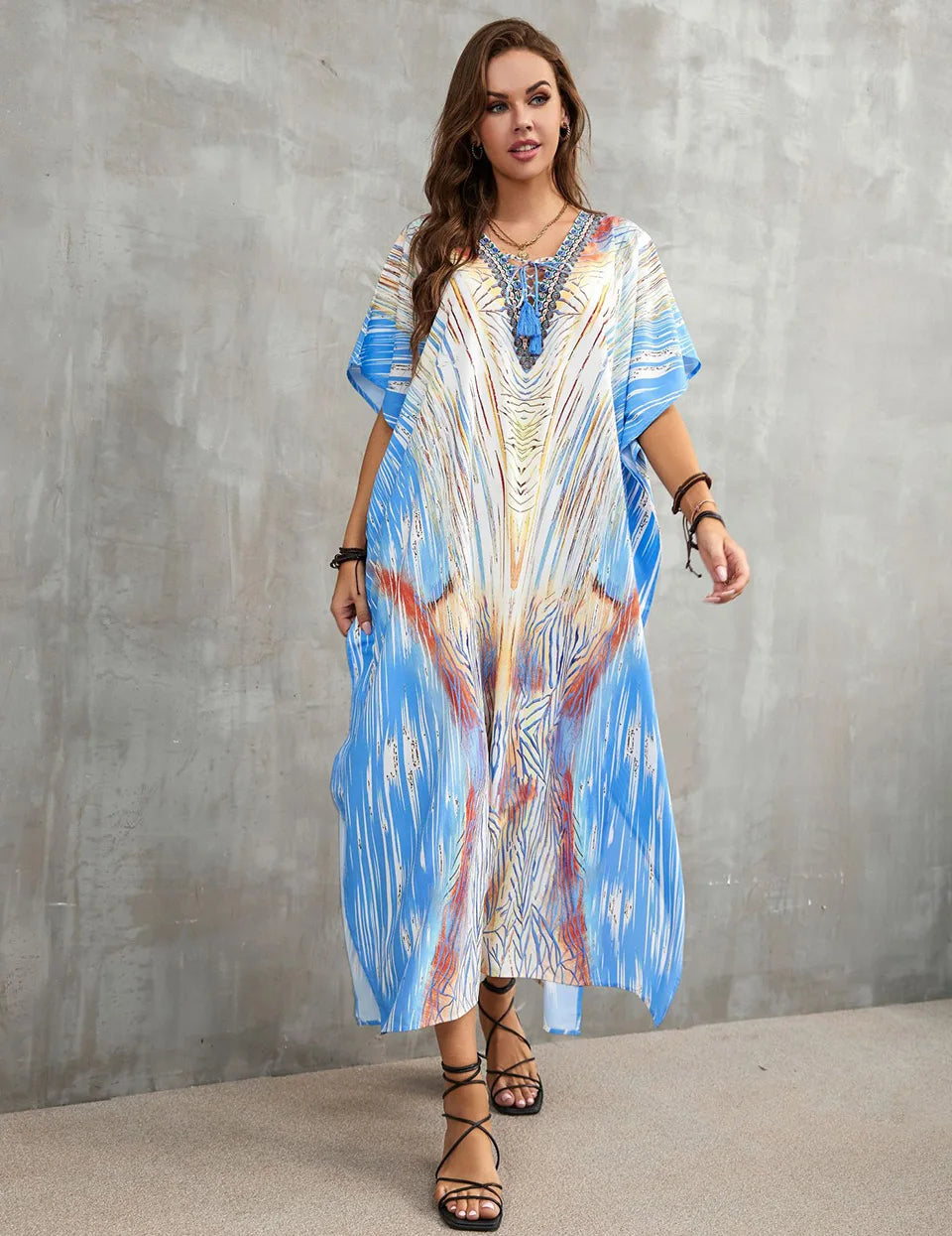 2023 Priint Maxi Dress Beach Cover up Kaftan Robe Plage Pareos V Neck Long Dresses Summer Women Bathing Suit Cover up Beachwear