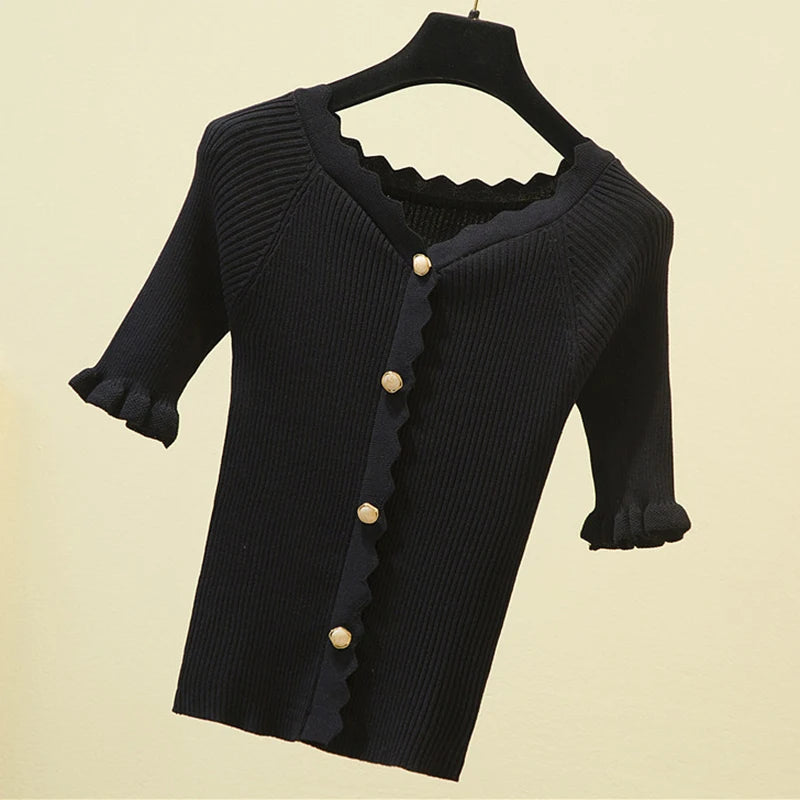 Knitted Sweaters for Women Slash Neck Short Sleeve Women Sweater Black Slim Top Button Sweater Mujer 2022 Summer Thin Pull Femme