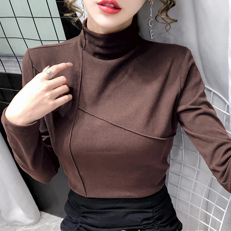 Turtleneck T Shirt Women Cotton Long Sleeve Top Tshirt Autumn Korean Style Womens Clothing Tee Shirt Femme Camisetas De Mujer
