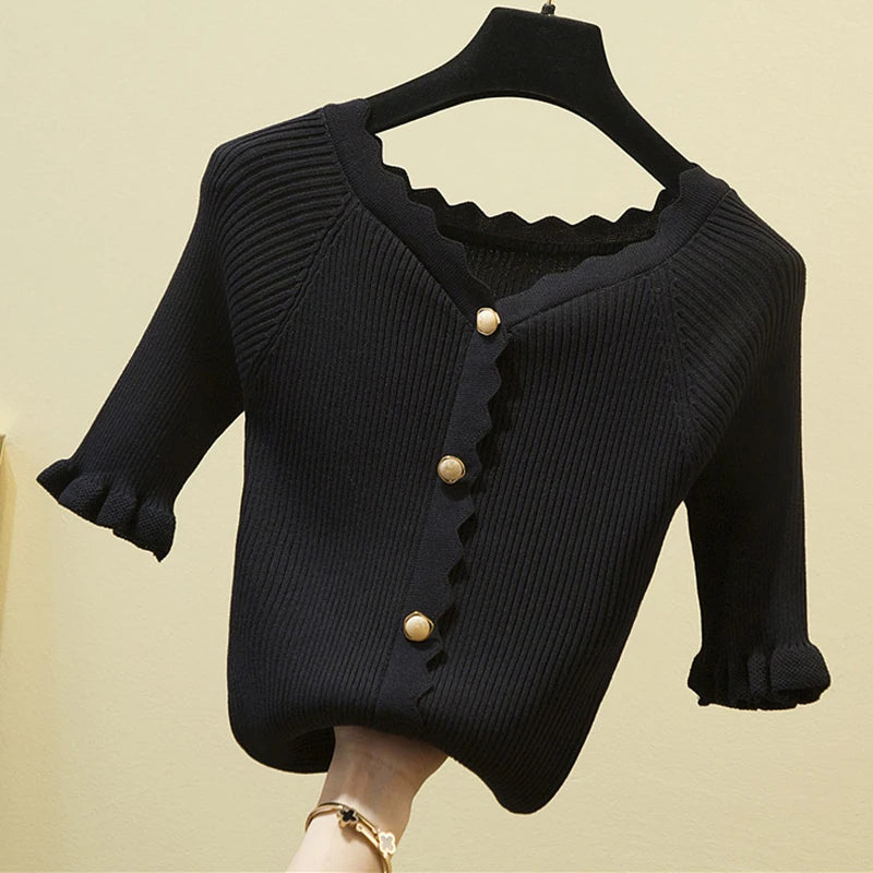 Knitted Sweaters for Women Slash Neck Short Sleeve Women Sweater Black Slim Top Button Sweater Mujer 2022 Summer Thin Pull Femme