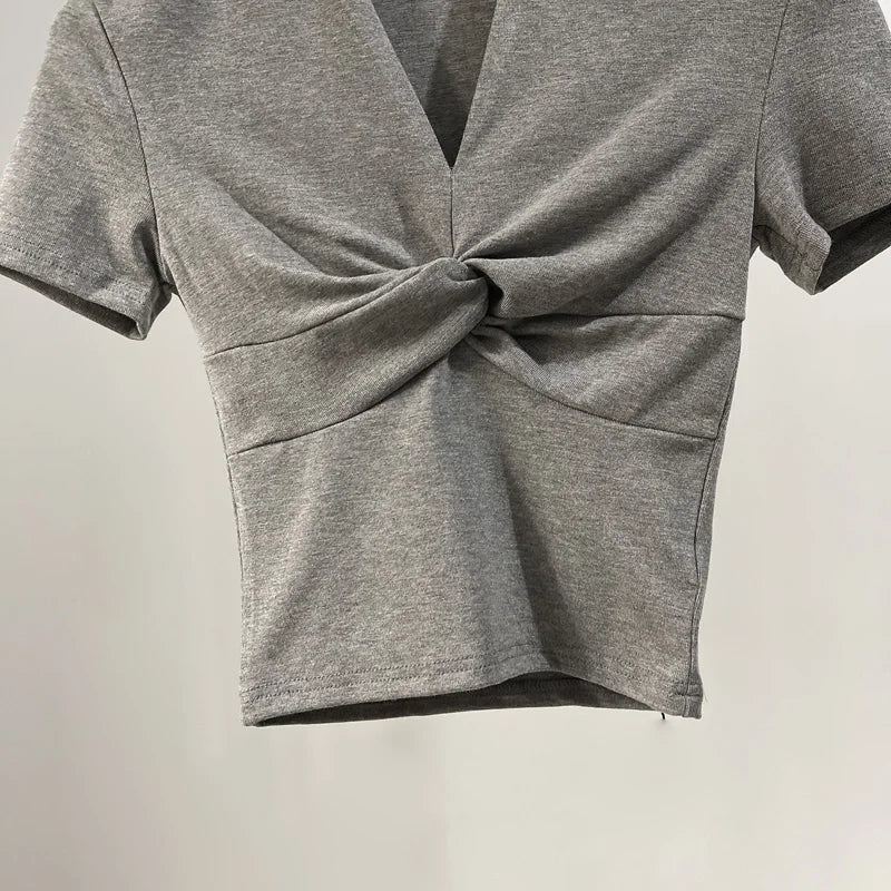 [] Cotton Summer Folds V Neck White Black Gray Short Sleeve Crop Top Basic Slim Bodycon Baby Tee Tshirt Women Y2K Girl
