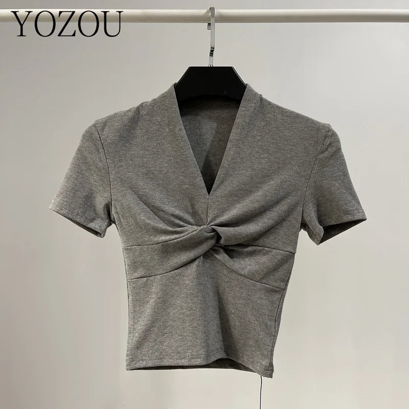 [] Cotton Summer Folds V Neck White Black Gray Short Sleeve Crop Top Basic Slim Bodycon Baby Tee Tshirt Women Y2K Girl
