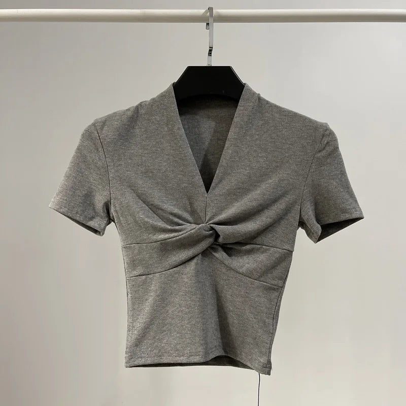 [] Cotton Summer Folds V Neck White Black Gray Short Sleeve Crop Top Basic Slim Bodycon Baby Tee Tshirt Women Y2K Girl