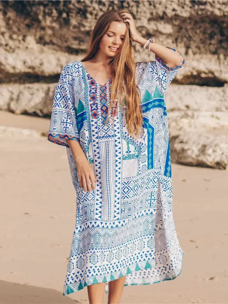 Blue V-Neck Printed Women'S Kaftan Oversized Beach Cover up Saida De Banho Para Praia Sarong Robe De Plage Cover up #Q652