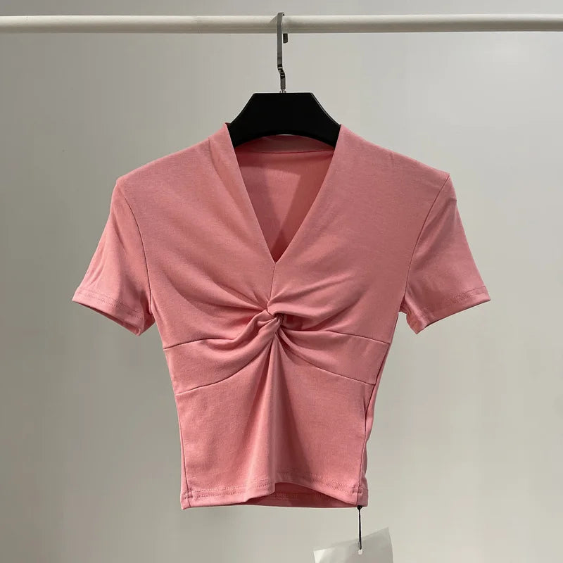 [] Cotton Summer Folds V Neck White Black Gray Short Sleeve Crop Top Basic Slim Bodycon Baby Tee Tshirt Women Y2K Girl