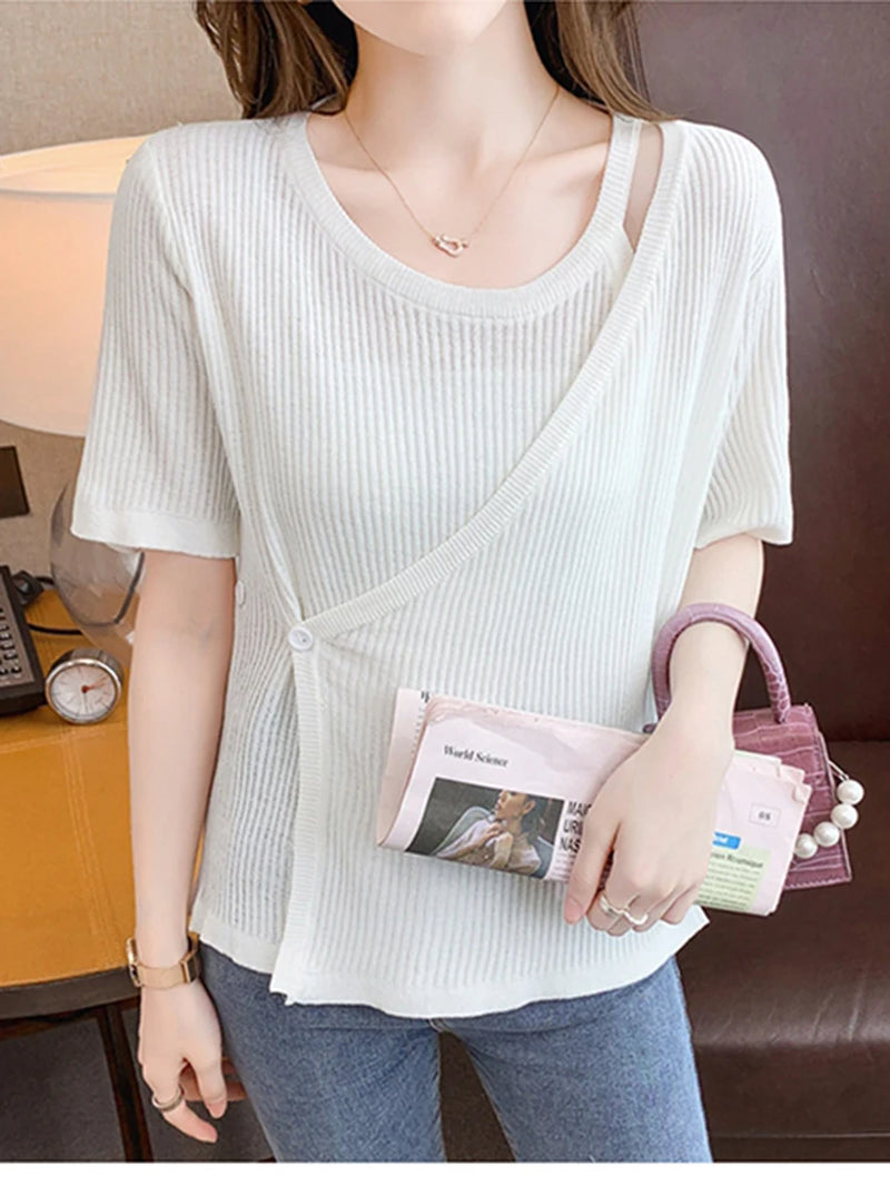 New Irregular Striped T Shirt Women Fashion Womens Clothes Button up Top 2022 Summer New Ladies Knit Tops Short Sleeve Tees