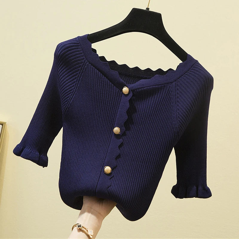 Knitted Sweaters for Women Slash Neck Short Sleeve Women Sweater Black Slim Top Button Sweater Mujer 2022 Summer Thin Pull Femme