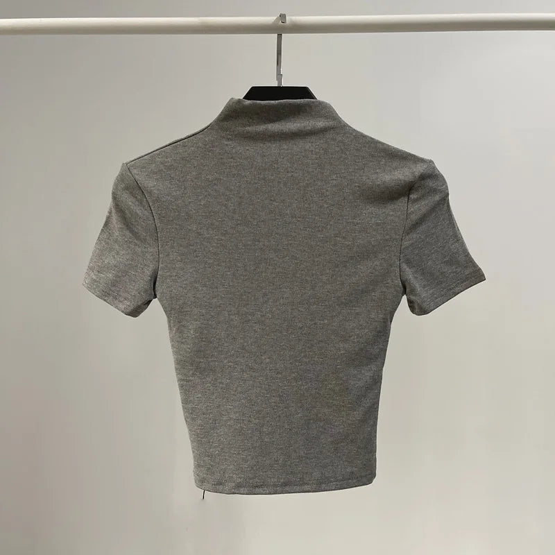 [] Cotton Summer Folds V Neck White Black Gray Short Sleeve Crop Top Basic Slim Bodycon Baby Tee Tshirt Women Y2K Girl