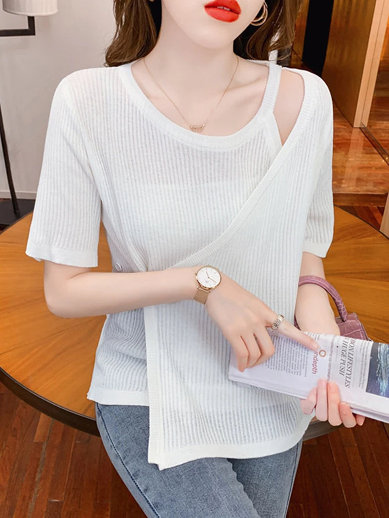 New Irregular Striped T Shirt Women Fashion Womens Clothes Button up Top 2022 Summer New Ladies Knit Tops Short Sleeve Tees