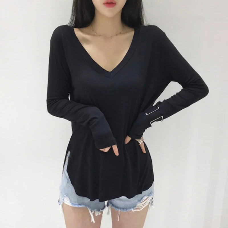 White V Neck Split T Shirt Women Autumn Korean Style Solid Woman Clothes Basic T-Shirts Long Sleeve Tops Loose Tee Shirt Female