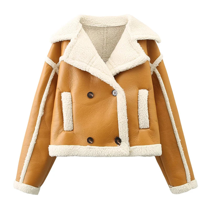 Women'S Winter Vintage Faux Leather Short Jacket Fashion Lapel Collar Thick Parkas Female Quality Outerwear Tops Clothing 2023
