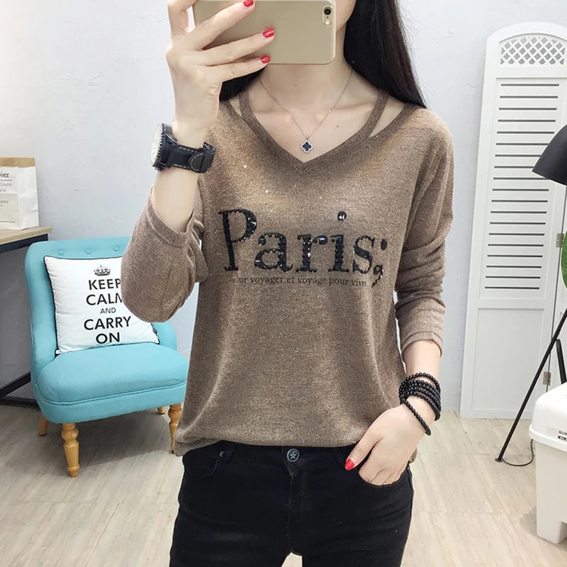 Tee Shirt Femme V-Neck T-Shirt Women Clothes 2022 Autumn Casual Diamonds Letter Tshirts Long Sleeve Tops Korean Woman Clothing