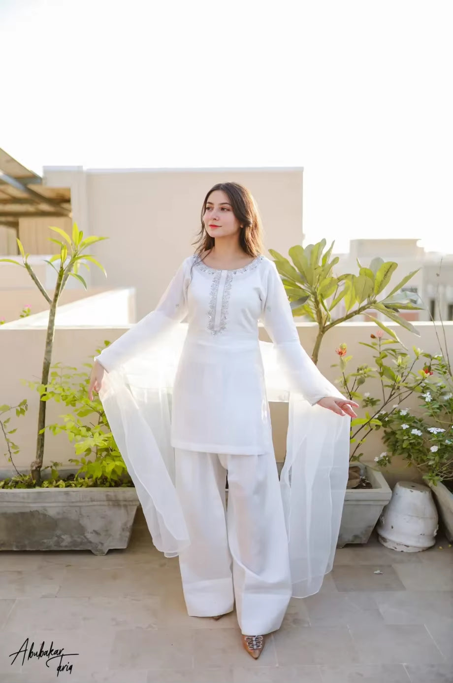 Solid White Hand Embellished Kurta with Farshiwali Shalwar and Dupatta Traditional Indian & Pakistani Clothing