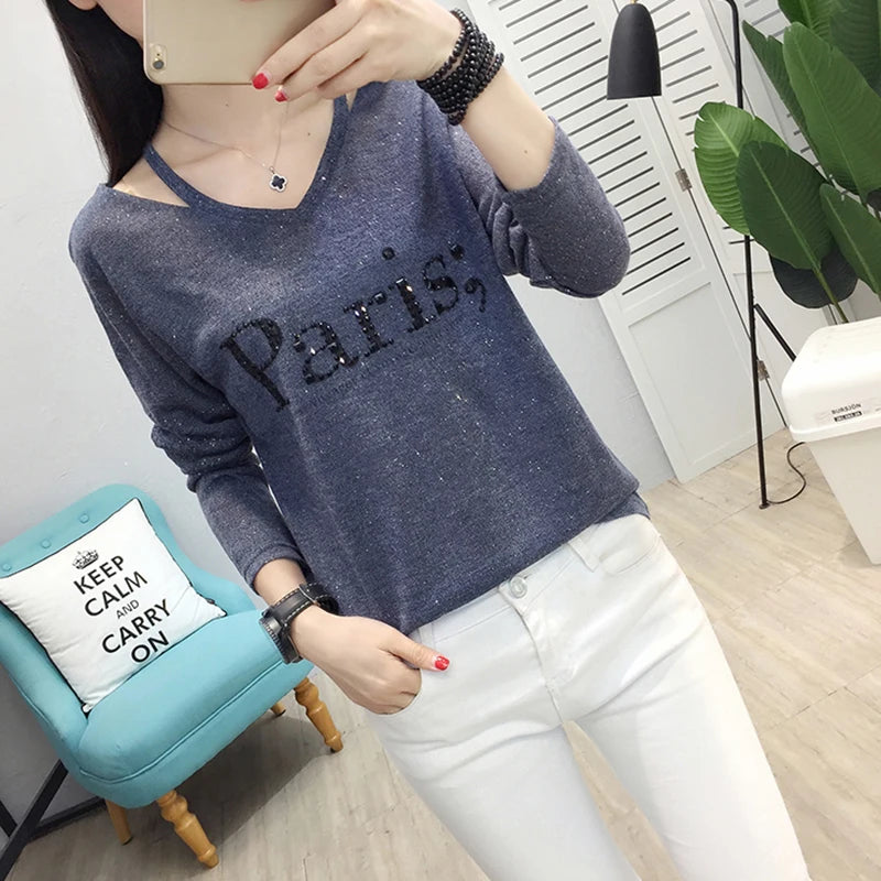 Tee Shirt Femme V-Neck T-Shirt Women Clothes 2022 Autumn Casual Diamonds Letter Tshirts Long Sleeve Tops Korean Woman Clothing