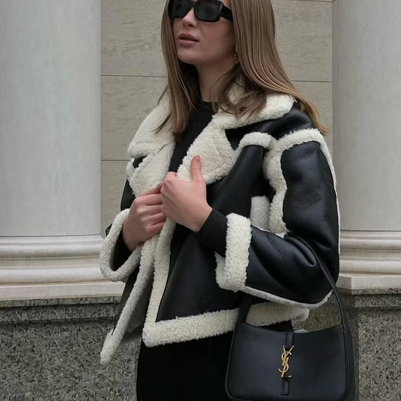 Women'S Winter Vintage Faux Leather Short Jacket Fashion Lapel Collar Thick Parkas Female Quality Outerwear Tops Clothing 2023