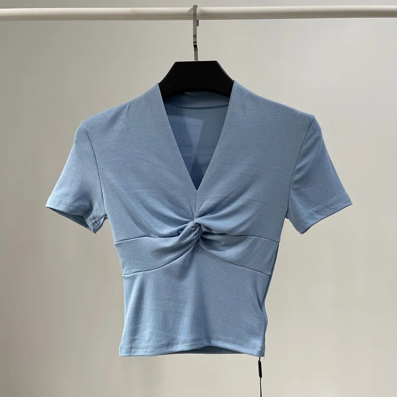 [] Cotton Summer Folds V Neck White Black Gray Short Sleeve Crop Top Basic Slim Bodycon Baby Tee Tshirt Women Y2K Girl