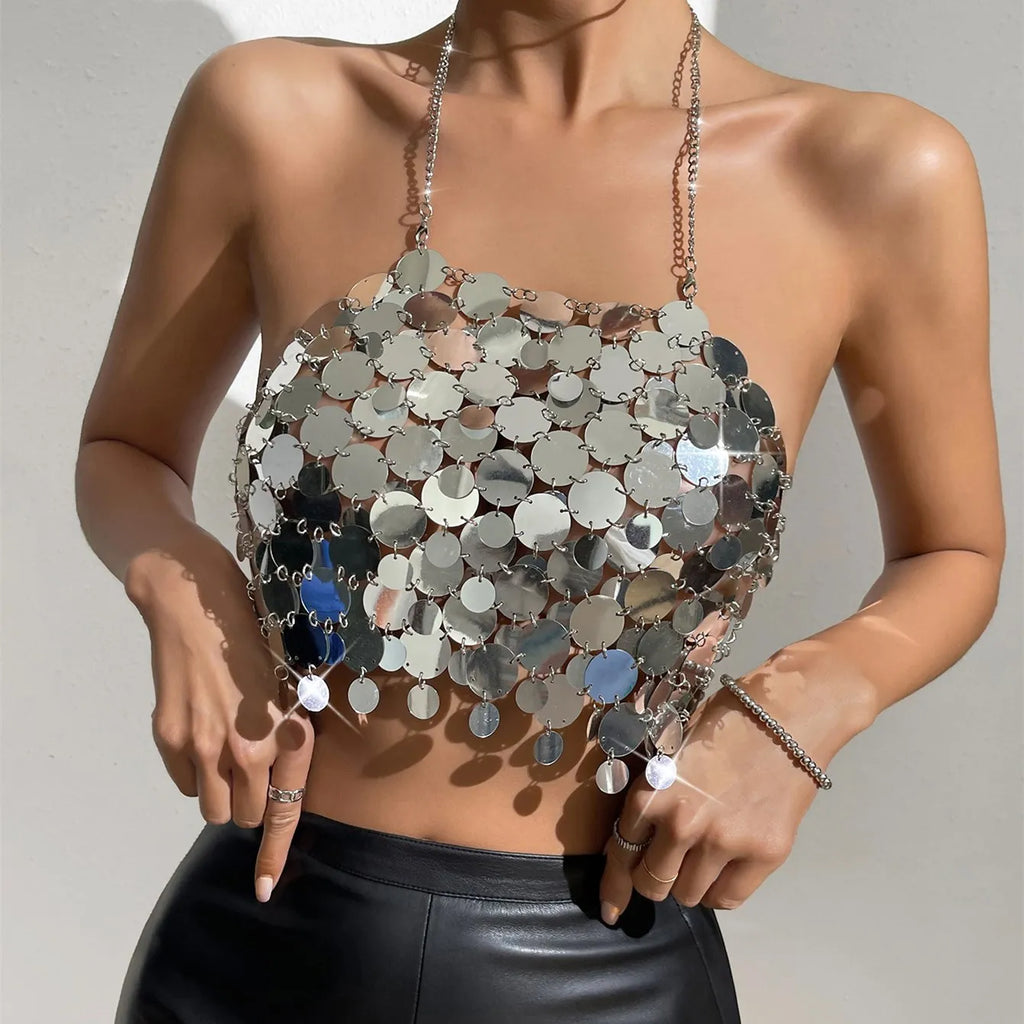 Cosysail Sexy Double-Layer Sequin V-Neck Cheat Crop Tops Vest for Female 2023 Trendy Sleeveless Tank Tops Party Club Tube Shirts