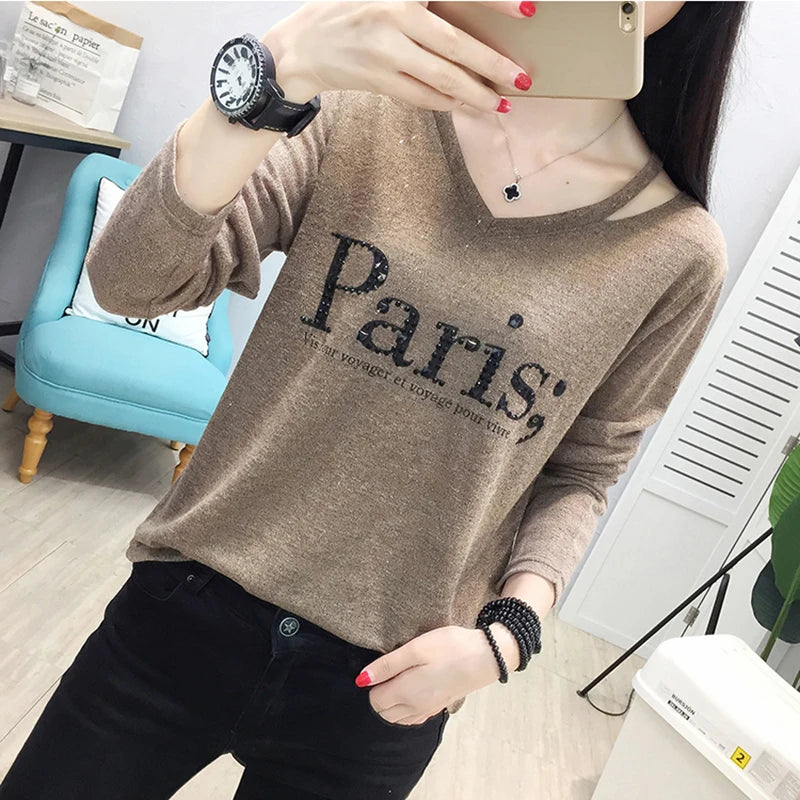 Tee Shirt Femme V-Neck T-Shirt Women Clothes 2022 Autumn Casual Diamonds Letter Tshirts Long Sleeve Tops Korean Woman Clothing