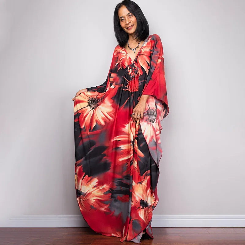 2023 Print Maxi Dress Batwing Sleeve Tunic Spring/Autumn Beach Dress Tunic Casual plus Size Women Beachwear Kaftan Sarongs