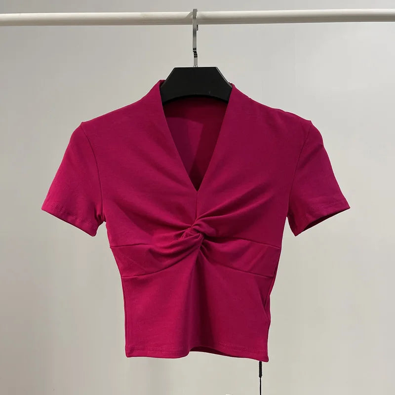 [] Cotton Summer Folds V Neck White Black Gray Short Sleeve Crop Top Basic Slim Bodycon Baby Tee Tshirt Women Y2K Girl